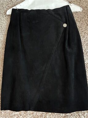 Black Suede Wrap-Style A-Line Skirt with Decorative Button